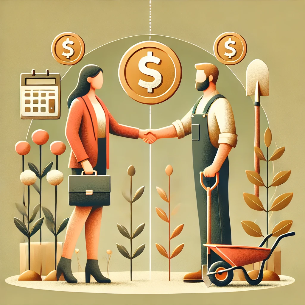 A businessperson and a gardener shake hands over a shared coin, trading professional skills