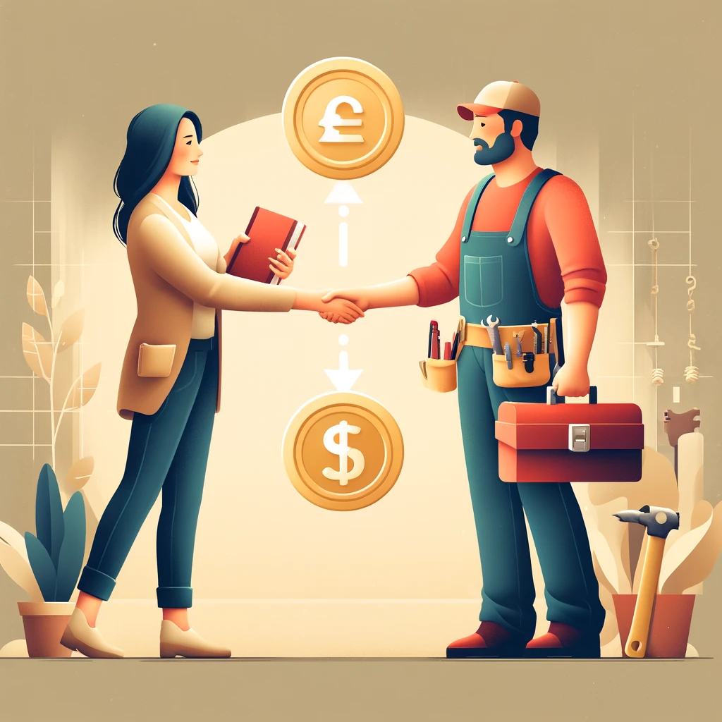 An educator and a tradesperson shake hands, trading teaching for repair work