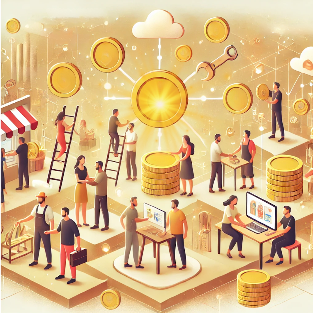 An isometric community marketplace where people trade skills, value flowing between them as shared currency